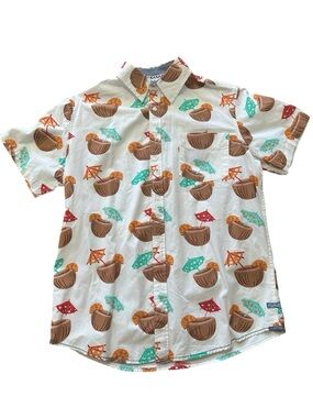 Men's White Tropical Coconut Print Short-Sleeve Button-Down Shirt